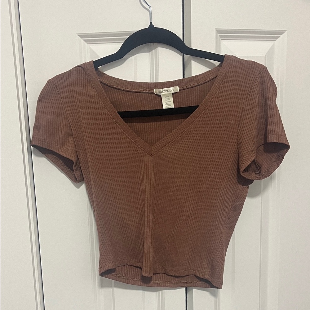 Bozzolo Brown Ribbed V-Neck Blouse